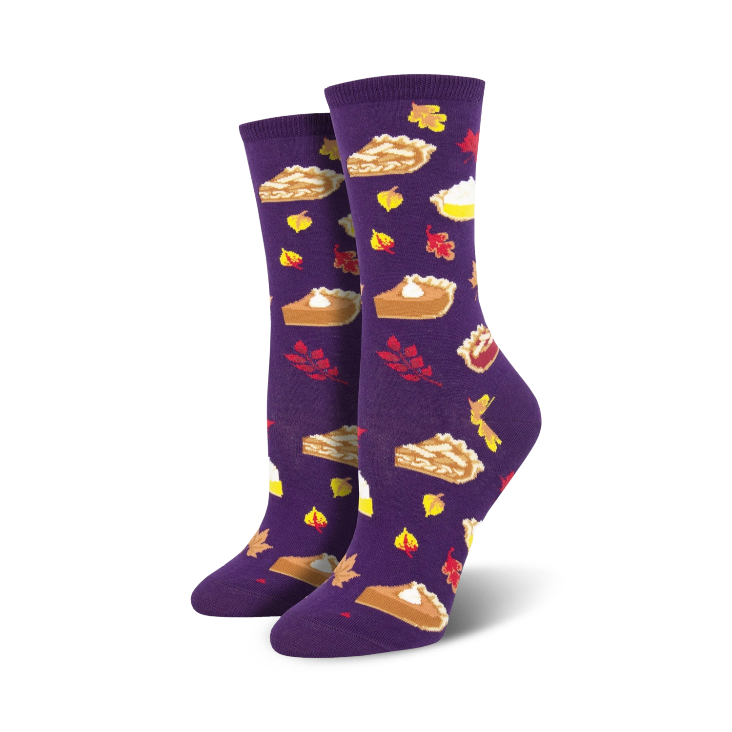 A pair of women's crew socks in purple, adorned with images of autumn pies and leaves. A cozy and festive design perfect for fall.