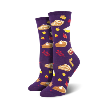 purple womens crew socks with pattern of autumn leaves and pies themed for fall.  