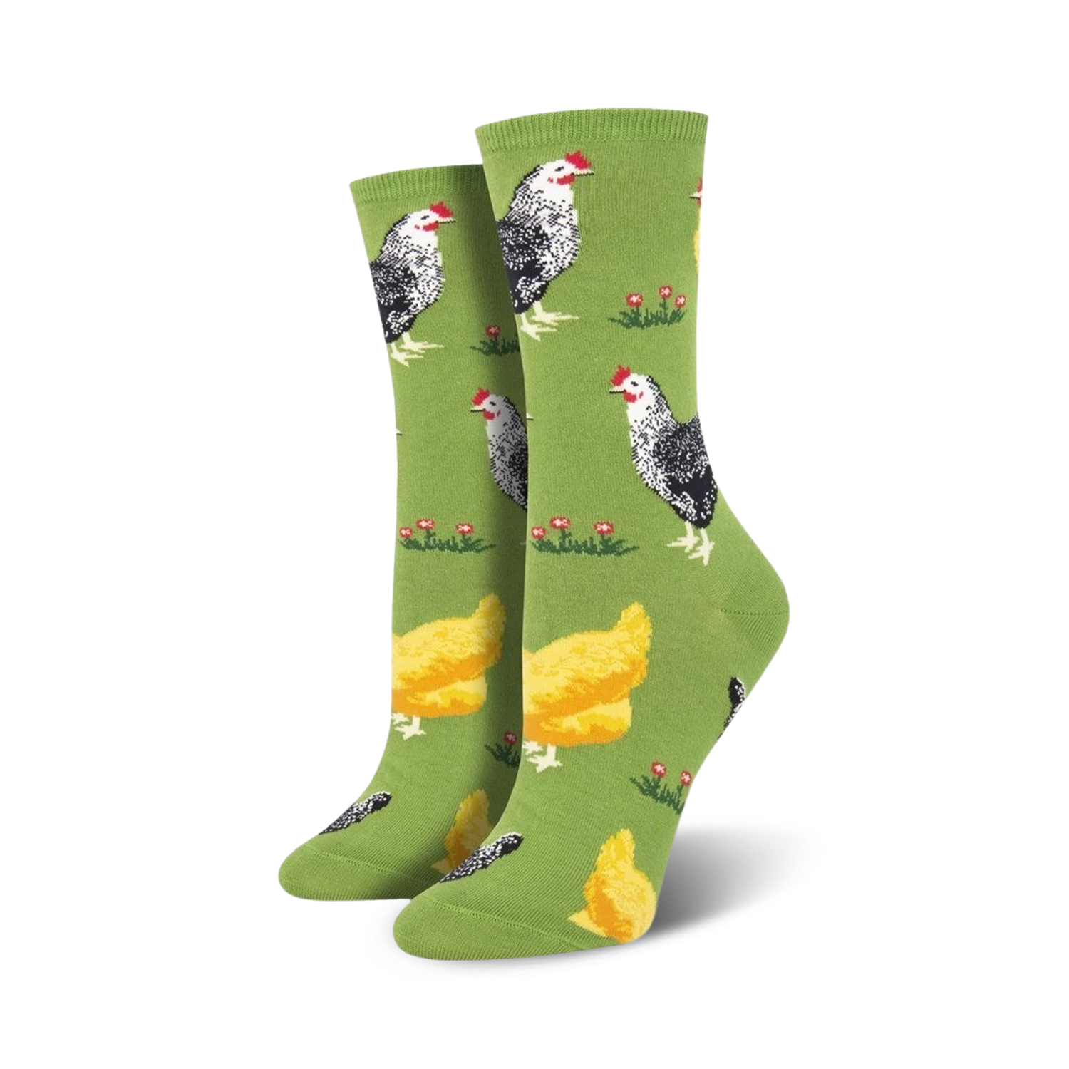 Pair of women's crew socks, green and blue options, featuring a repeating pattern of black and white chickens and yellow chicks on a grassy field.