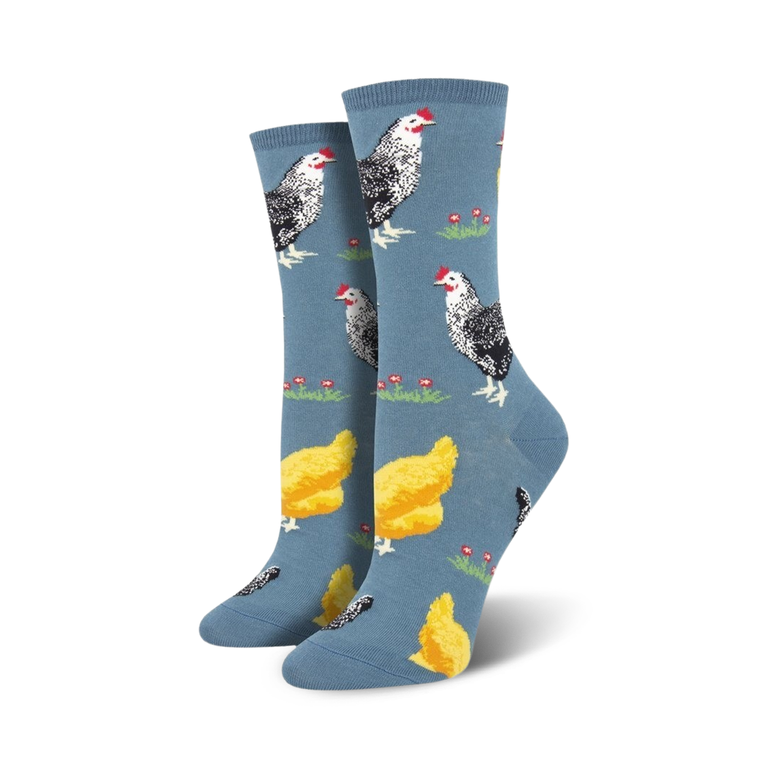 Lifestyle shot of a person's feet wearing the blue chicken socks. They're walking on a light wooden floor.