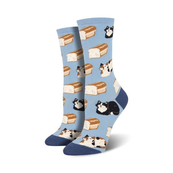 cat loaf crew socks with cartoon sleeping cats on slices of bread.    }}