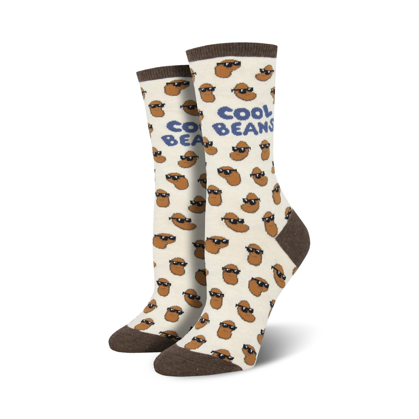 Pair of cream crew socks with a repeating pattern of brown beans wearing sunglasses.  Text 'Cool Beans' is featured on the socks.