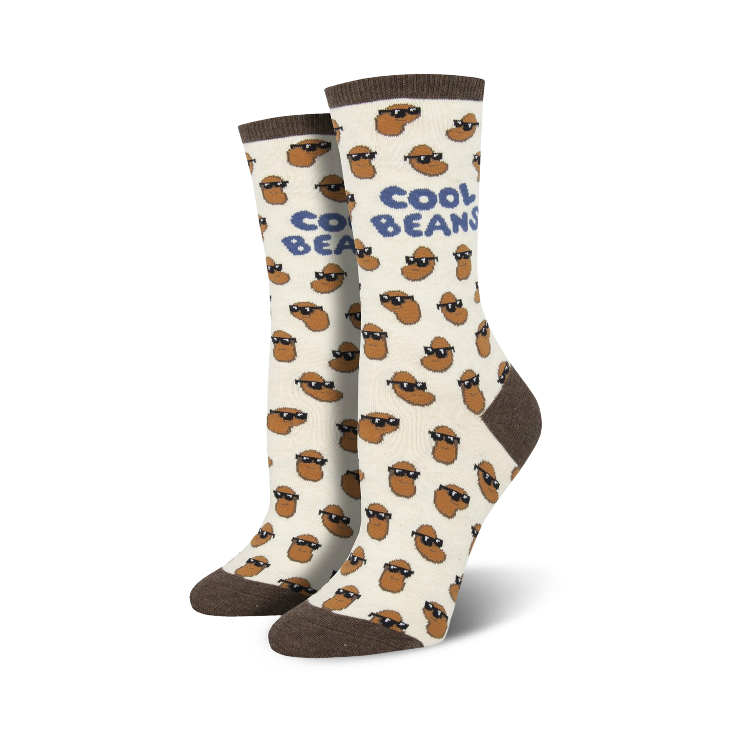 Pair of cream crew socks with a repeating pattern of brown beans wearing sunglasses.  Text 'Cool Beans' is featured on the socks.