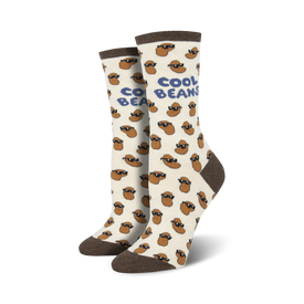 white crew socks with brown cartoon beans wearing sunglasses and the words "cool beans."   
