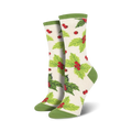Pair of cream crew socks with a repeating pattern of red holly berries and green leaves. Green cuffs.