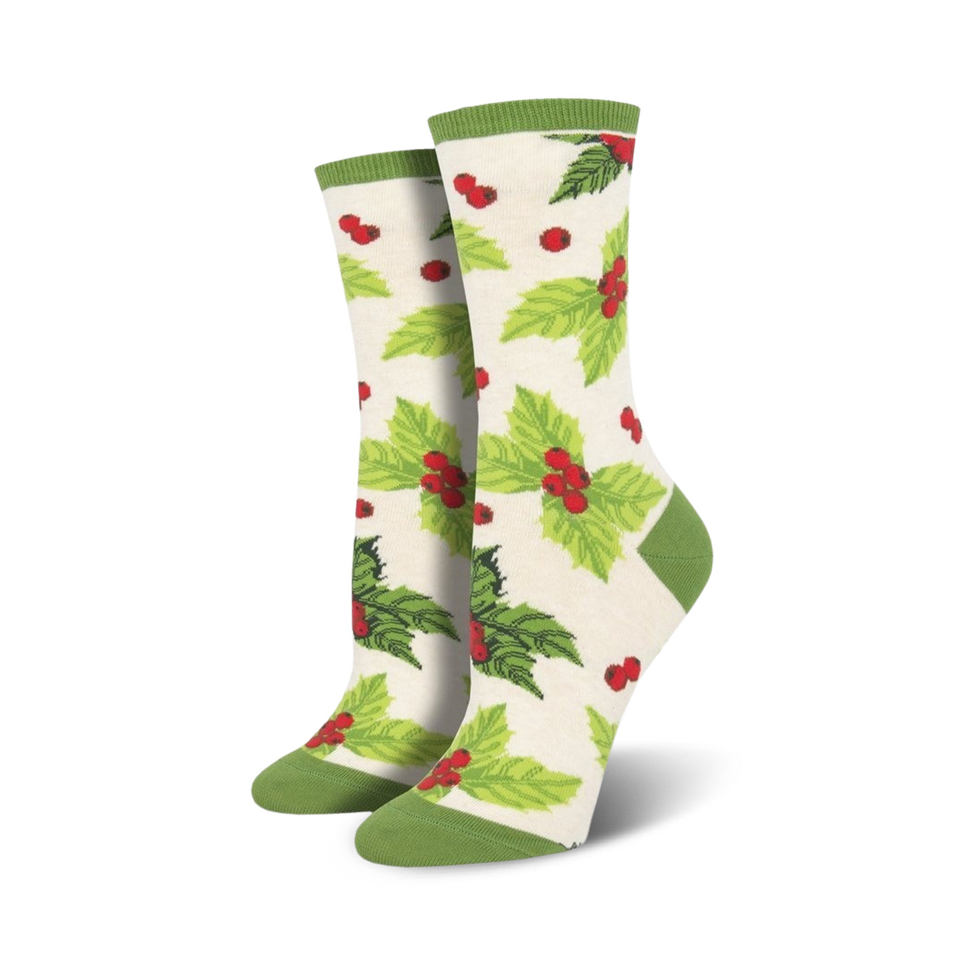 Pair of cream crew socks with a repeating pattern of red holly berries and green leaves. Green cuffs.