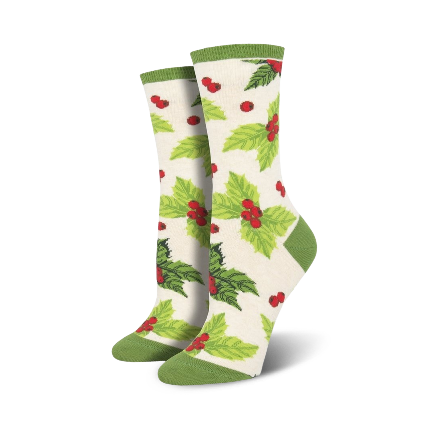 Pair of cream crew socks with a repeating pattern of red holly berries and green leaves. Green cuffs.
