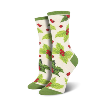 womens crew socks feature festive christmas holly leaf and berry pattern; green top. 
