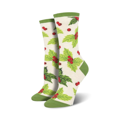 womens crew socks feature festive christmas holly leaf and berry pattern; green top. 