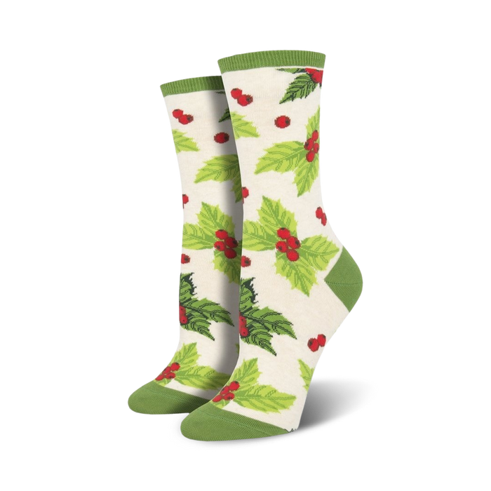 womens crew socks feature festive christmas holly leaf and berry pattern; green top. 