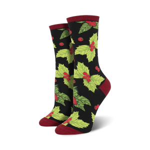 black crew socks with red cuff, holly leaf and berry pattern, suitable for women, perfect for christmas festivities   