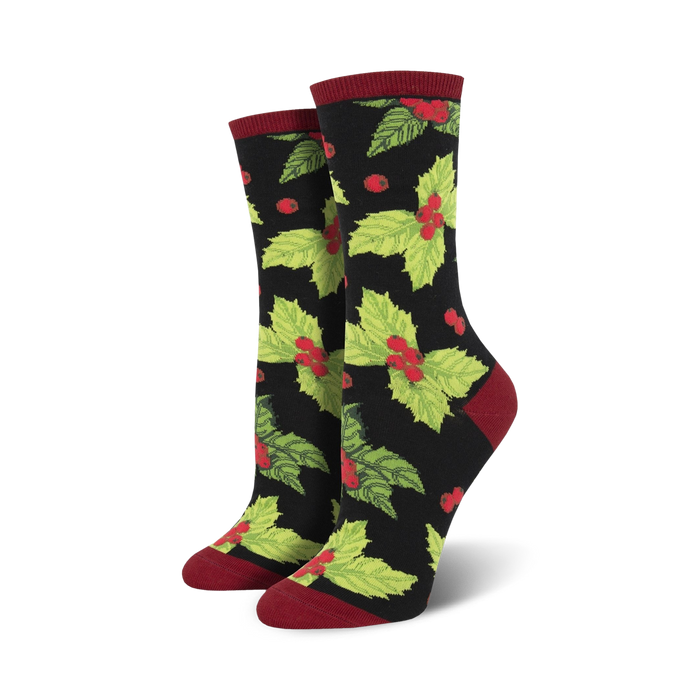 black crew socks with red cuff, holly leaf and berry pattern, suitable for women, perfect for christmas festivities   