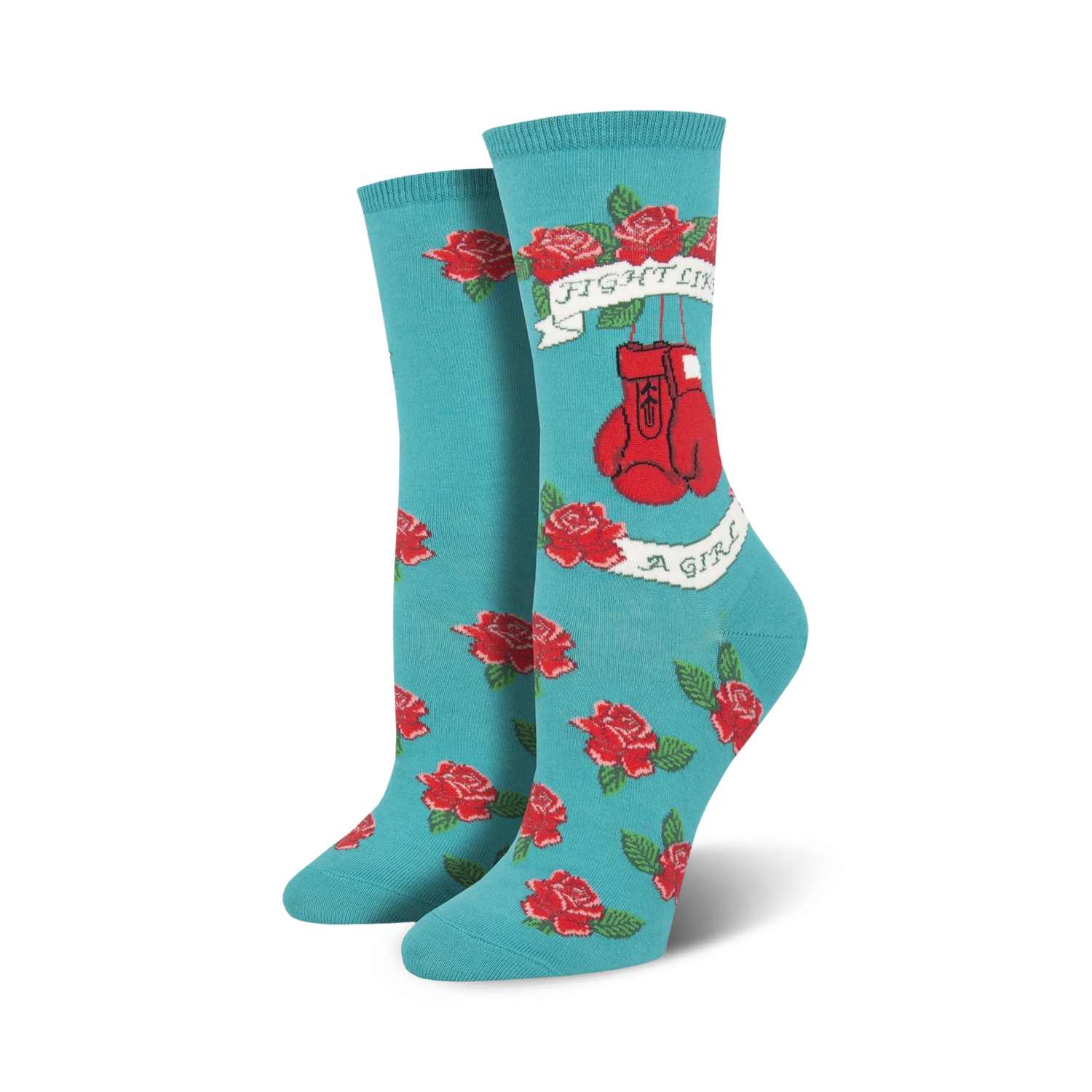 Pair of women's crew socks. Teal background with red roses and a boxing glove graphic. Text reads 'Fight Like A Girl'.
