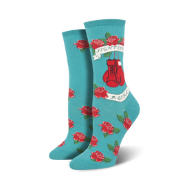 blue crew socks with red roses, green leaves and red boxing gloves design. fight like a girl theme.    