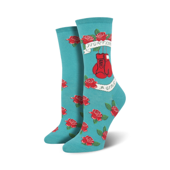 blue crew socks with red roses, green leaves and red boxing gloves design. fight like a girl theme.    