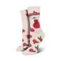 Close-up of 'Fight Like A Girl' socks in a light pink colorway.  Red roses and boxing gloves are featured on the socks.
