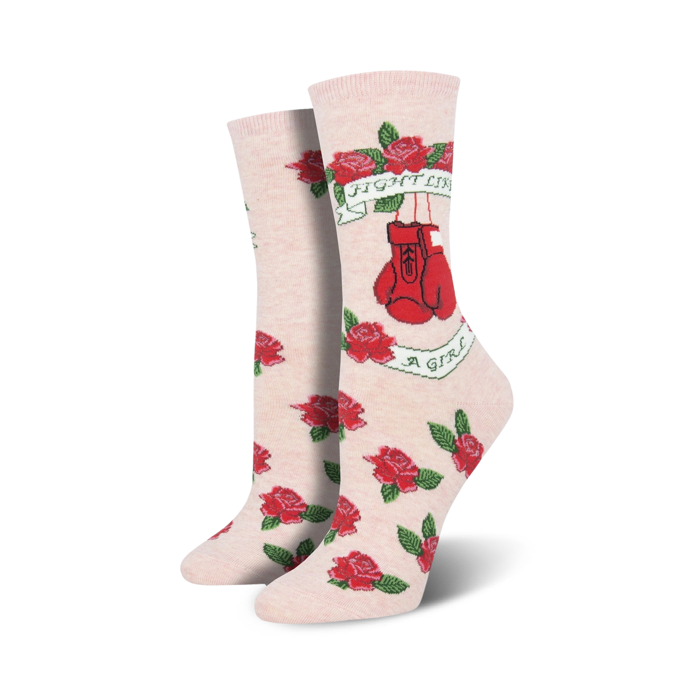 Close-up of 'Fight Like A Girl' socks in a light pink colorway.  Red roses and boxing gloves are featured on the socks.