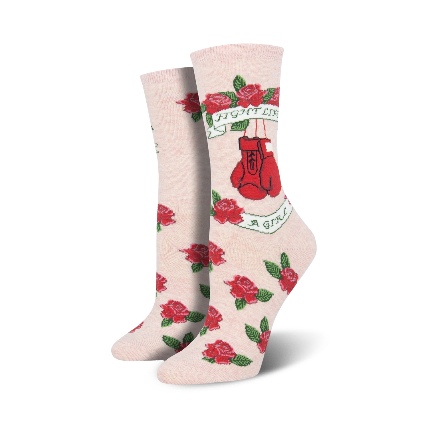 Close-up of 'Fight Like A Girl' socks in a light pink colorway.  Red roses and boxing gloves are featured on the socks.