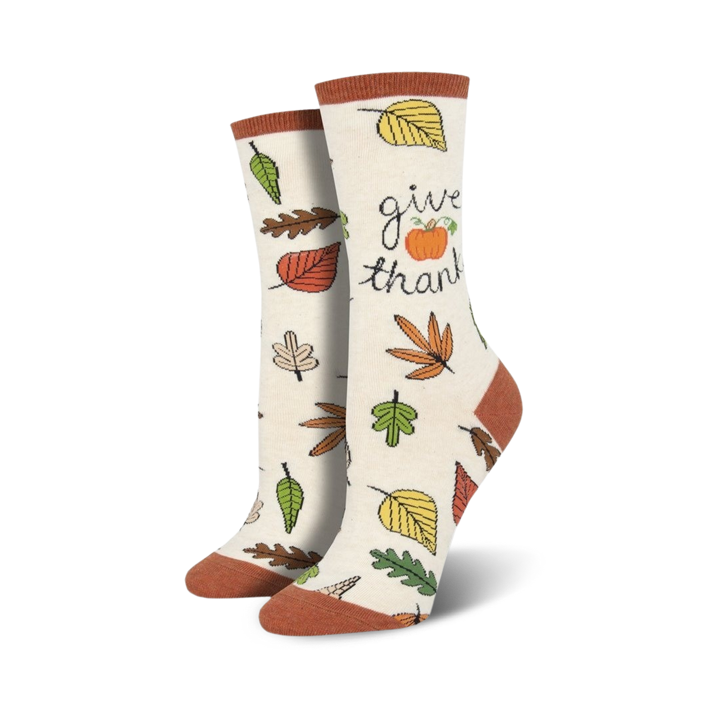 Cream-colored crew socks with autumn leaves, a small pumpkin, and the text 'Give Thanks'.