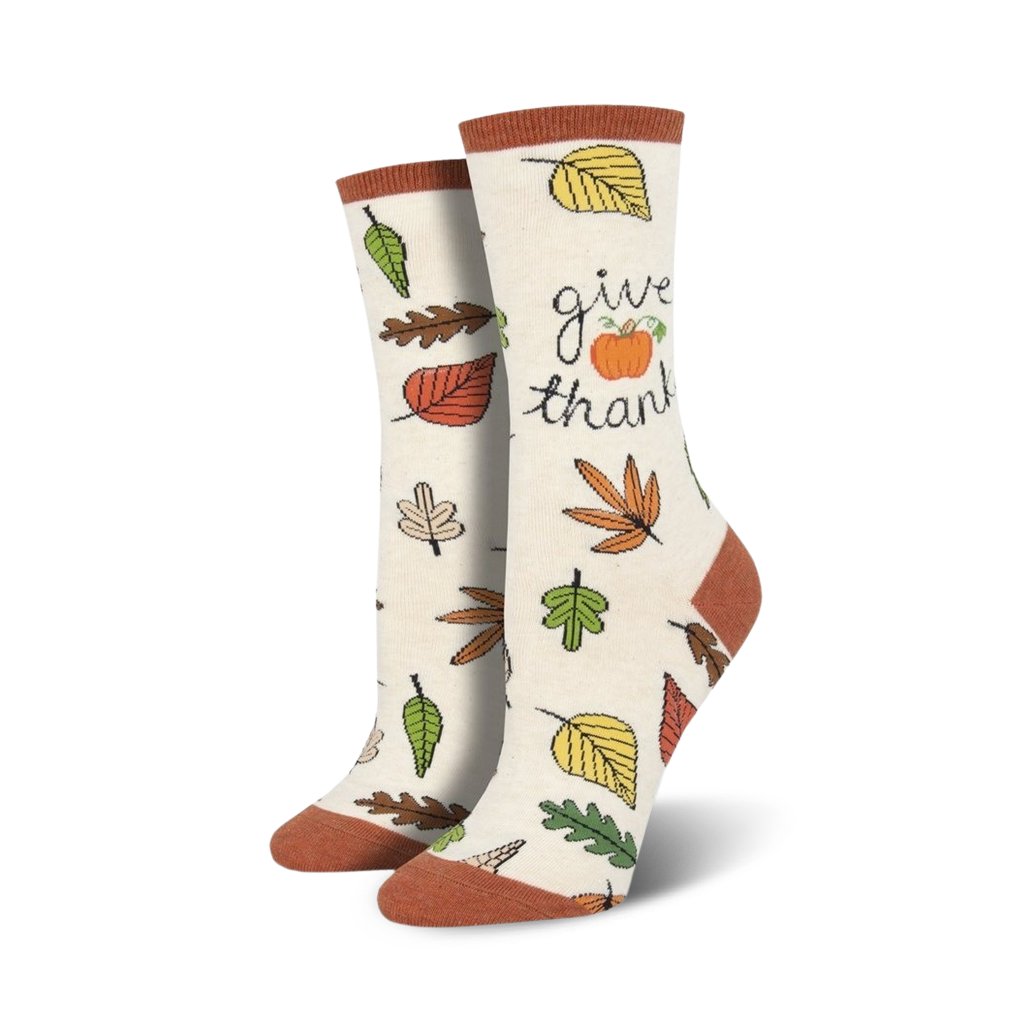 Cream-colored crew socks with autumn leaves, a small pumpkin, and the text 'Give Thanks'.