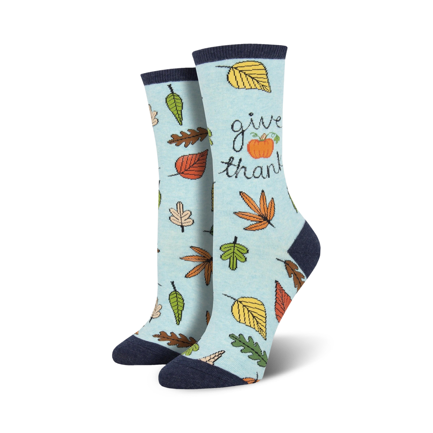 Pair of light blue 'Give Thanks' socks with autumn leaf and pumpkin design. 