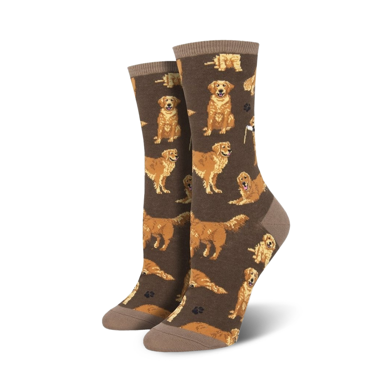 Pair of crew socks, brown and gold, featuring a repeating pattern of Golden Retrievers in various poses.