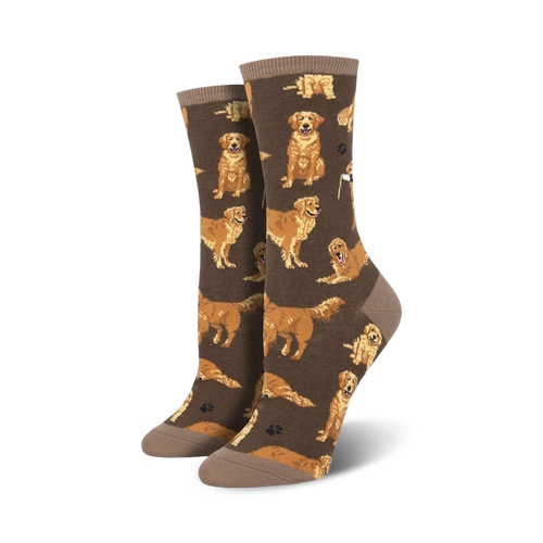 Pair of crew socks, brown and gold, featuring a repeating pattern of Golden Retrievers in various poses.