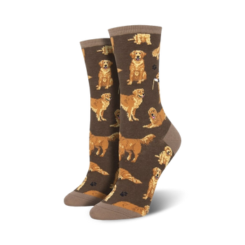 womens golden retrievers crew socks, captivating brown background, various poses, dog-themed novelty socks.   