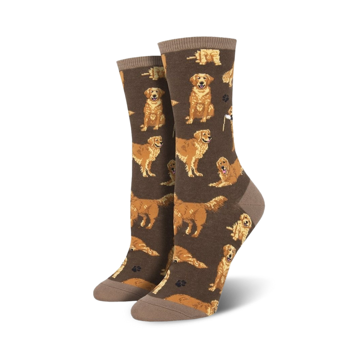 womens golden retrievers crew socks, captivating brown background, various poses, dog-themed novelty socks.   