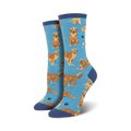 Lifestyle shot of Golden Retriever socks on a person's feet, showing the socks in action and the blue colorway.