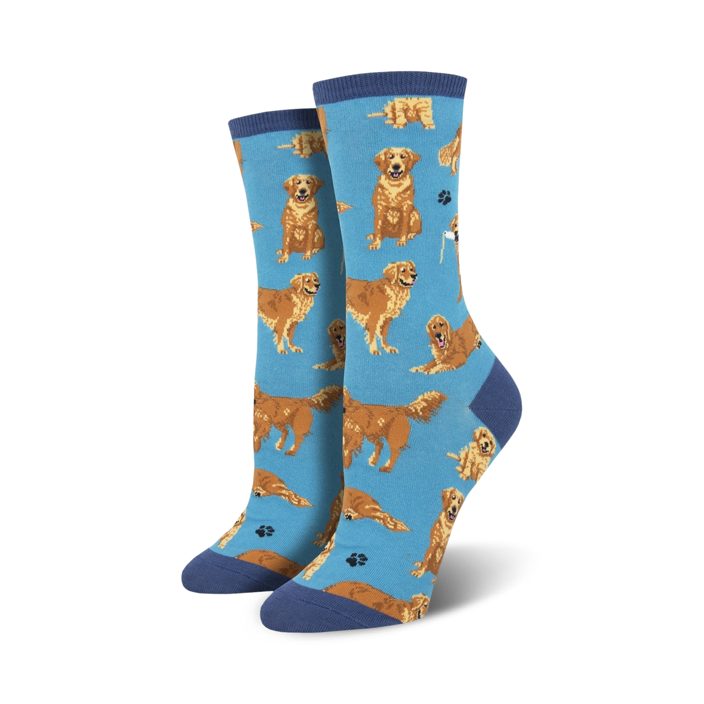 Lifestyle shot of Golden Retriever socks on a person's feet, showing the socks in action and the blue colorway.