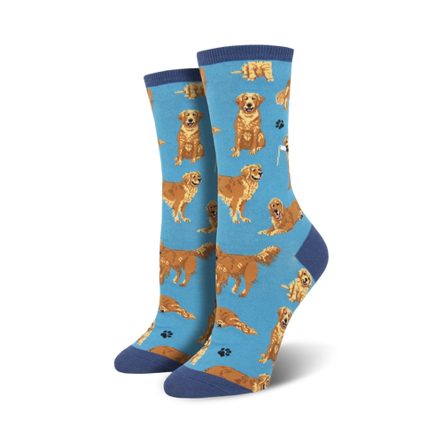 Lifestyle shot of Golden Retriever socks on a person's feet, showing the socks in action and the blue colorway.