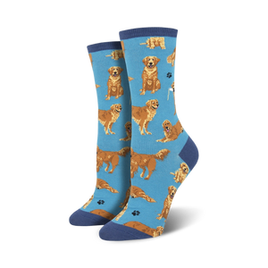 blue crew socks featuring a pattern of golden retrievers for women. 