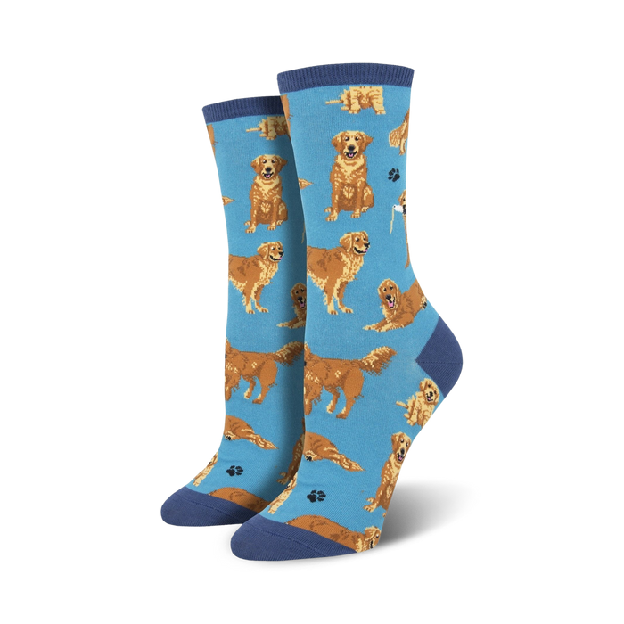 blue crew socks featuring a pattern of golden retrievers for women. 