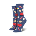 Pair of crew socks in blue and grey; features a breakfast theme with illustrated bacon, eggs, toast, and a toaster.