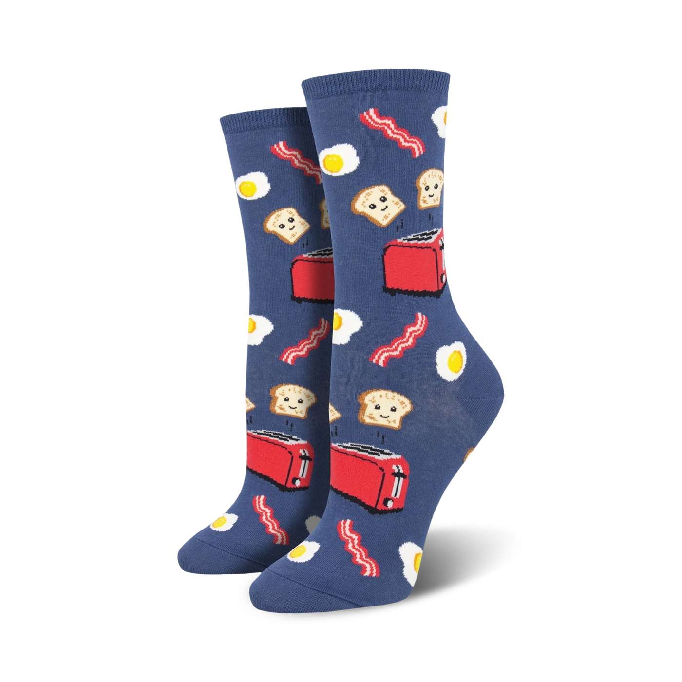 Pair of crew socks in blue and grey; features a breakfast theme with illustrated bacon, eggs, toast, and a toaster.
