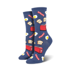 Pair of crew socks in blue and grey; features a breakfast theme with illustrated bacon, eggs, toast, and a toaster.