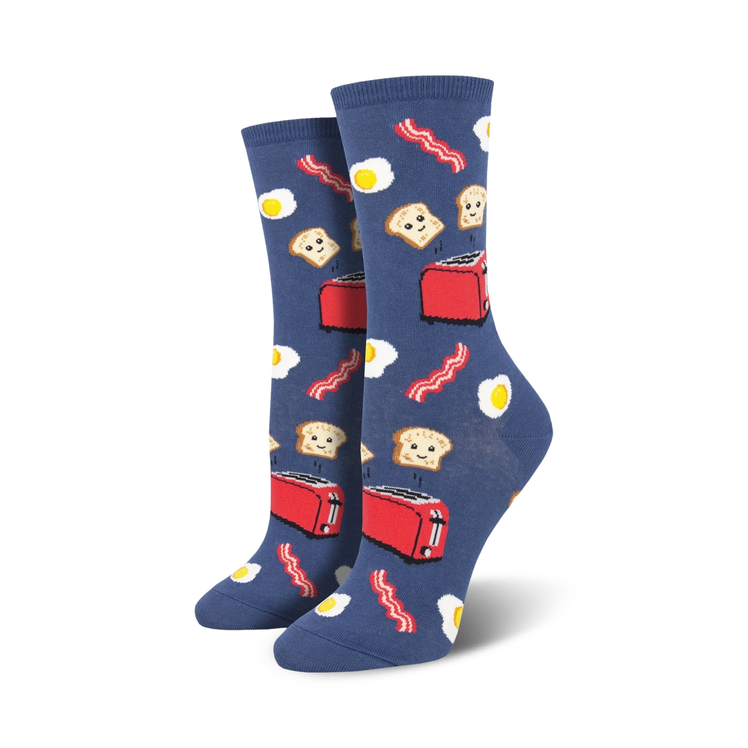 Pair of crew socks in blue and grey; features a breakfast theme with illustrated bacon, eggs, toast, and a toaster.