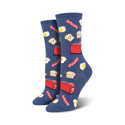 womens good morning breakfast crew socks, blue   