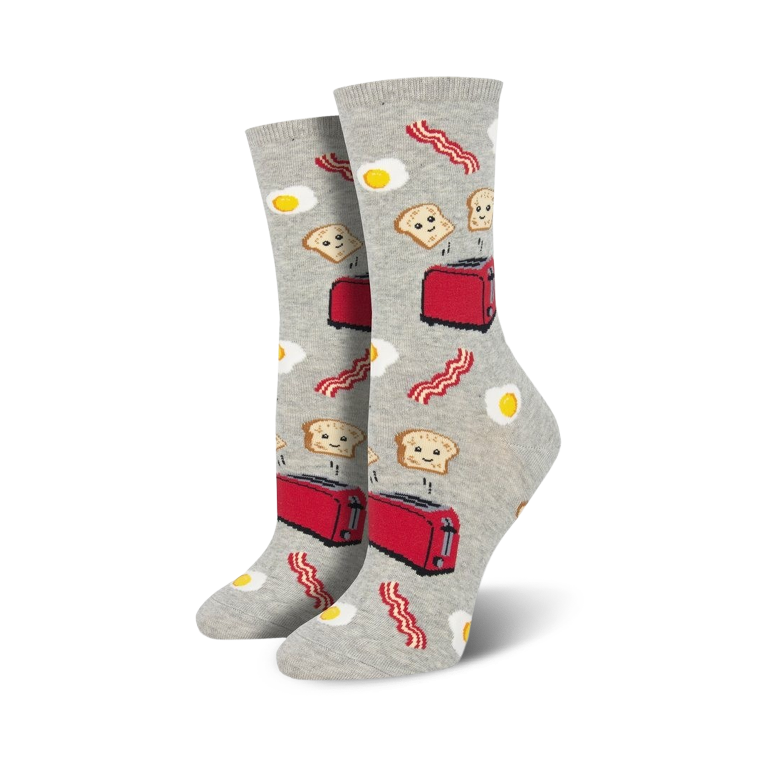Lifestyle shot showing the grey 'Good Morning' socks on a person's feet.