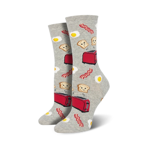 cartoonish bacon, eggs, toast, and a toaster pattern gray crew socks for women. 