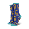 A pair of women's crew socks in blue with a pattern of yellow giraffes forming hearts. Teal accents at the cuffs.
