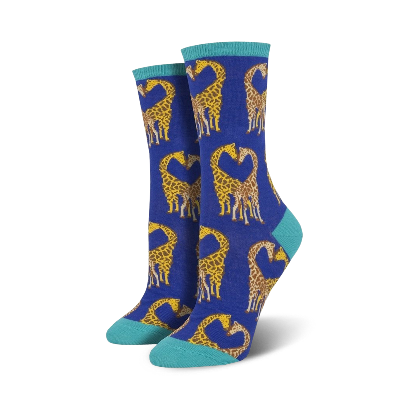 A pair of women's crew socks in blue with a pattern of yellow giraffes forming hearts. Teal accents at the cuffs.