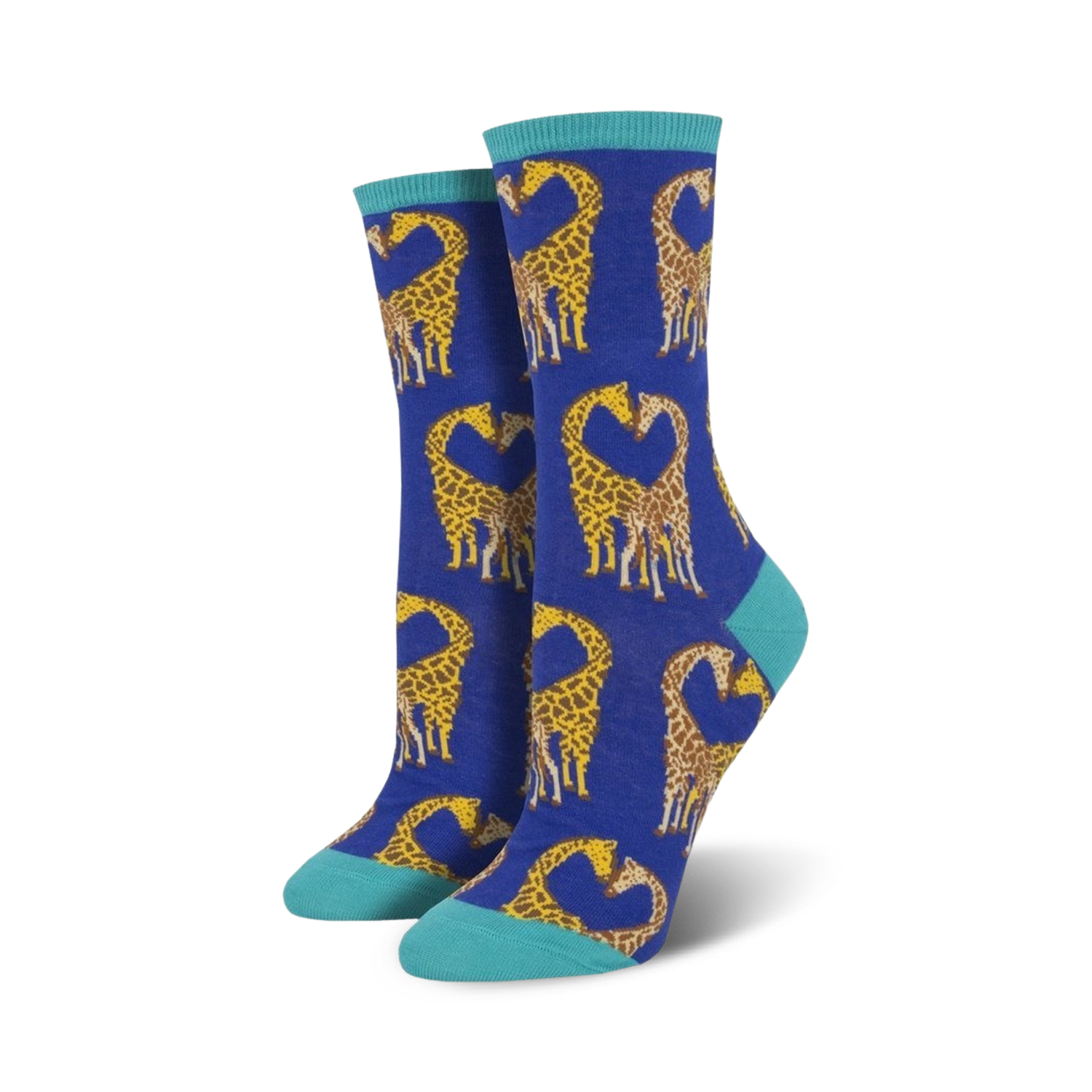 A pair of women's crew socks in blue with a pattern of yellow giraffes forming hearts. Teal accents at the cuffs.