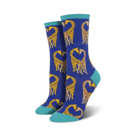 womens blue crew socks with giraffe heart pattern   
