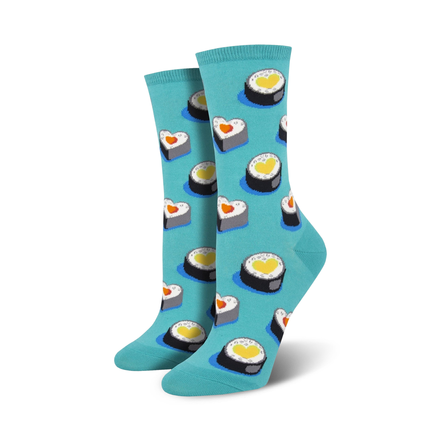 Pair of crew socks with a teal background and a pattern of heart-shaped sushi. The sushi is illustrated in shades of orange, yellow, grey, and black.