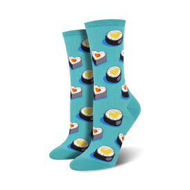 blue sushi roll pattern socks with a red heart, made for women, crew length.  