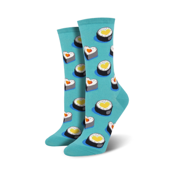 blue sushi roll pattern socks with a red heart, made for women, crew length.  