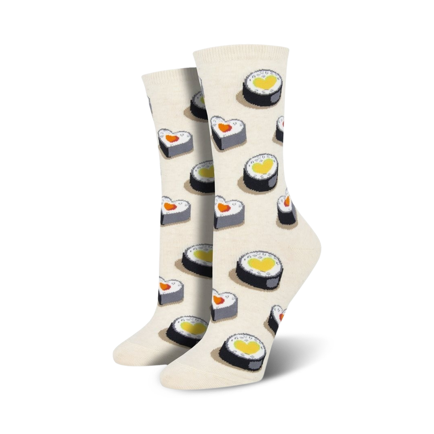 Close-up view of a pair of cream-colored 'Love At First Bite' socks, showcasing the heart-shaped sushi detail.