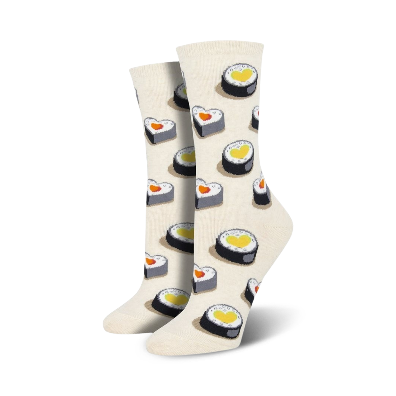 Close-up view of a pair of cream-colored 'Love At First Bite' socks, showcasing the heart-shaped sushi detail.